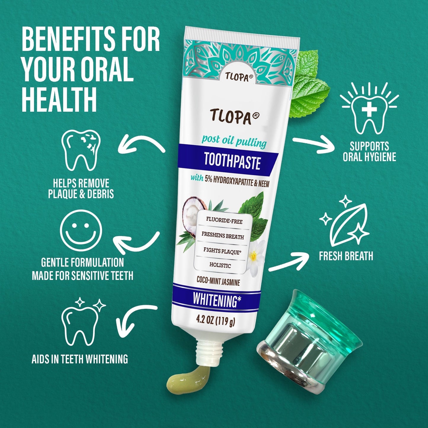 TLOPA® Coconut Mint Fluoride-Free Hydroxyapatite Whitening Toothpaste